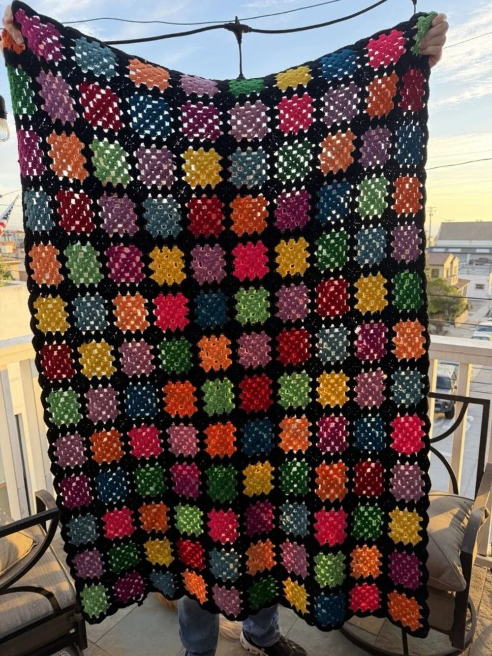 Vintage Granny Square grandmacore black multicolor blanket throw crochet cottage